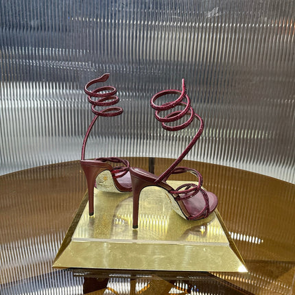 RENE CAOVILLA 26S CRYSTAL WRAP HEELS 95 MM IN DARK RED LAMBSKIN