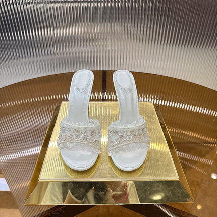 RENE CAOVILLA 26S HIGH HEEL SLIDES 75 MM IN WHITE LACE STRAP FLOWER EMBELLISHED