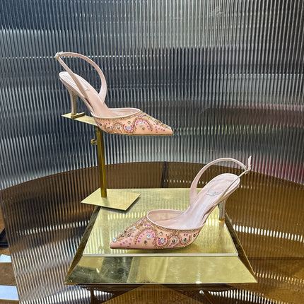 RENE CAOVILLA 26S SLINGBACK HIGH HEELS 75 MM IN PASTEL PINK BEADED EMBELLISHED