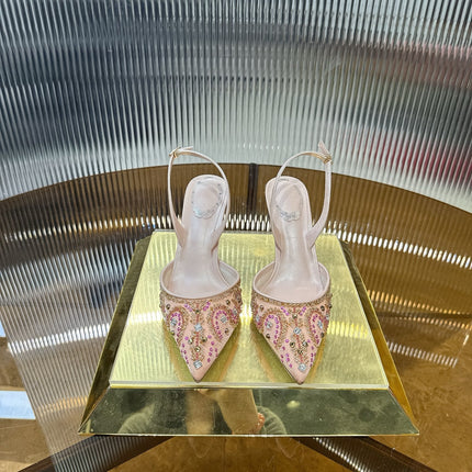 RENE CAOVILLA 26S SLINGBACK HIGH HEELS 75 MM IN PASTEL PINK BEADED EMBELLISHED