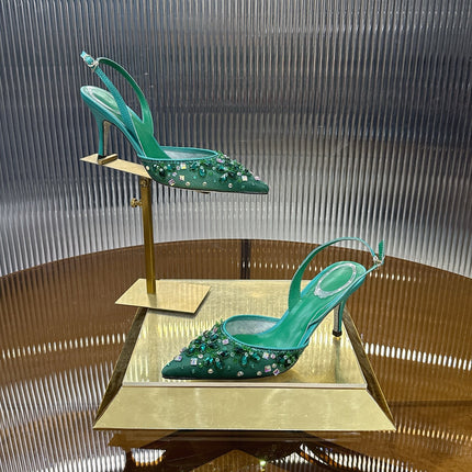 RENE CAOVILLA 26S SLINGBACK HIGH HEELS 75 MM IN GREEN CRYSTAL EMBELLISHED
