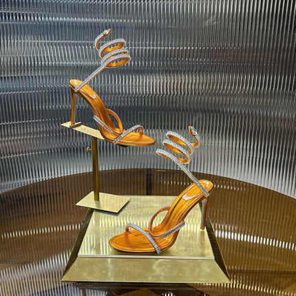 RENE CAOVILLA 26S STILETTO SANDALS 95 MM IN DARK ORANGE LAMBSKIN