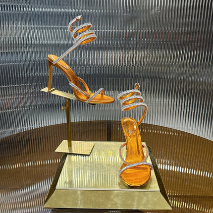 RENE CAOVILLA 26S STILETTO SANDALS 95 MM IN DARK ORANGE LAMBSKIN