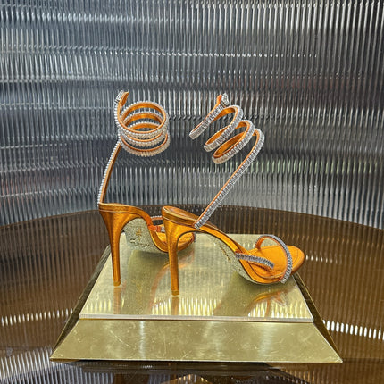 RENE CAOVILLA 26S STILETTO SANDALS 95 MM IN DARK ORANGE LAMBSKIN