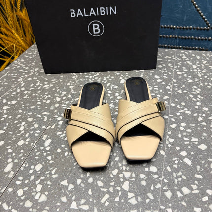 BALMAIN 26S CROSS-STRAP SLIDES IN BEIGE CALFSKIN
