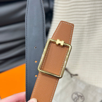 HM TUBE H BELT GOLD BUCKLE & REVERSIBLE GINGER ORANGE LEATHER STRAP 38MM