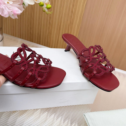 LOEWE 26S PETAL ANAGRAM SLIDE 45MM IN DARK RED SOFT CALFSKIN WITH CRYSTALS
