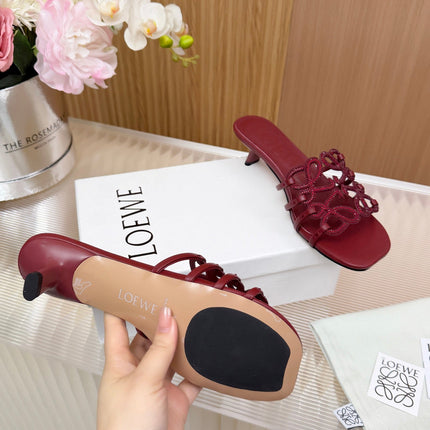 LOEWE 26S PETAL ANAGRAM SLIDE 45MM IN DARK RED SOFT CALFSKIN WITH CRYSTALS