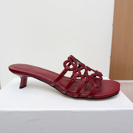 LOEWE 26S PETAL ANAGRAM SLIDE 45MM IN DARK RED SOFT CALFSKIN WITH CRYSTALS