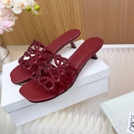 LOEWE 26S PETAL ANAGRAM SLIDE 45MM IN DARK RED SOFT CALFSKIN WITH CRYSTALS