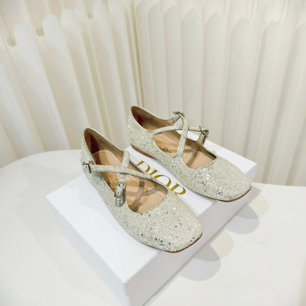 DIOR 26S MARY JANE FLATS IN SILVER SEQUIN EMBROIDERED FABRIC