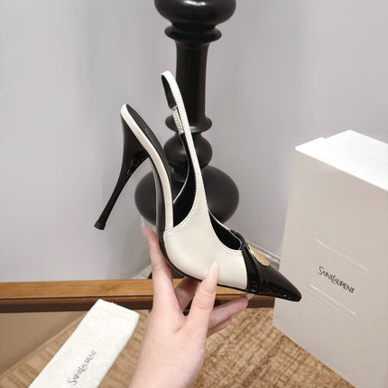 YSL 26S SLINGBACK HEELS 105 MM IN BLACK AND WHITE GLOSSY CALFSKIN WITH GOLD COIN HARDWARE