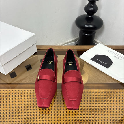 YSL 26S SQUARE-TOE LOAFERS IN DARK RED SATIN
