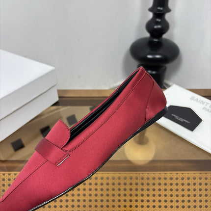 YSL 26S SQUARE-TOE LOAFERS IN DARK RED SATIN