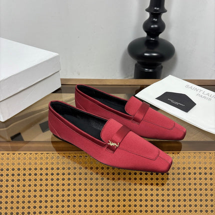 YSL 26S SQUARE-TOE LOAFERS IN DARK RED SATIN