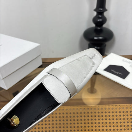 YSL 26S SQUARE-TOE LOAFERS IN LIGHT GREY SATIN