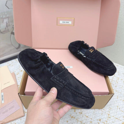 MIUMIU 25S NAPPA LOAFERS IN BLACK SUEDE
