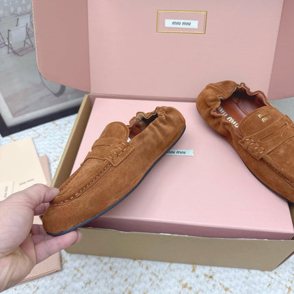 MIUMIU 25S NAPPA LOAFERS IN CARAMEL BROWN SUEDE