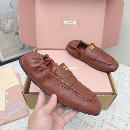 MIUMIU 25S NAPPA LOAFERS IN RUSTY BROWN LAMBSKIN