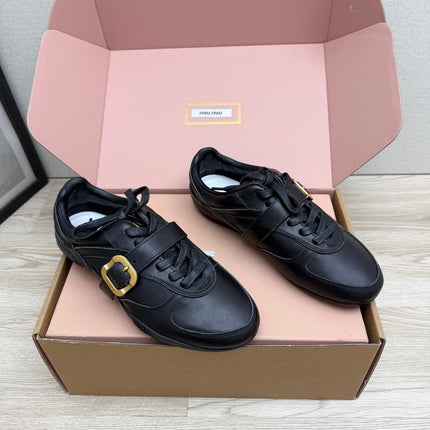 MIUMIU 26S BUCKLE SNEAKERS IN BLACK CALFSKIN WITH GOLD HARDWARE