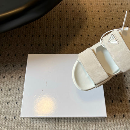 PRADA 26S DOUBLE STRAP SLIDES 35MM IN IVORY WHITE SUEDE