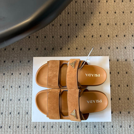 PRADA 26S DOUBLE STRAP SLIDES 35MM IN CARAMEL BROWN SUEDE