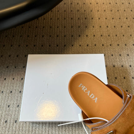 PRADA 26S DOUBLE STRAP SLIDES 35MM IN CARAMEL BROWN SUEDE