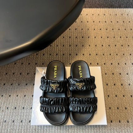 PRADA 26S RUCHED DOUBLE STRAP PLATFORM SLIDES 55MM IN BLACK CALFSKIN
