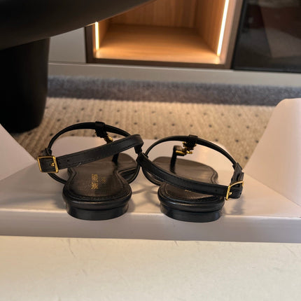 YSL 26S THONG SANDALS IN BLACK CALFSKIN WITH GOLD HARDWARE