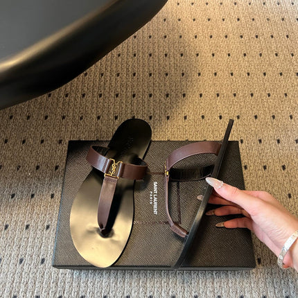 YSL 26S THONG SANDALS IN ESPRESSO BROWN AND BLACK SHINY CALFSKIN