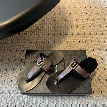 YSL 26S THONG SANDALS IN ESPRESSO BROWN AND BLACK SHINY CALFSKIN