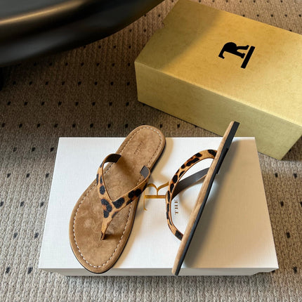 THE ROW 26S THONG SANDALS IN BROWN SPOTTED CALF HAIR AND SUEDE
