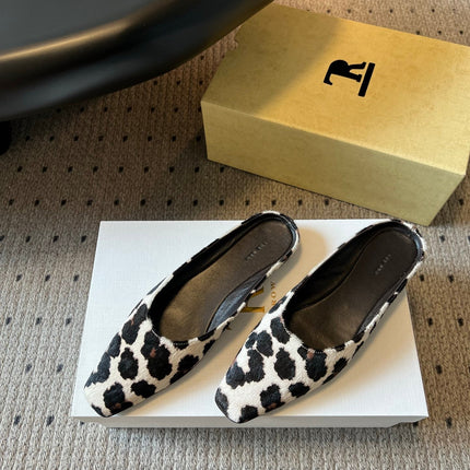 THE ROW 26S SQUARE TOE BACKLESS SLIDES IN WHITE COW PRINT CALF HAIR