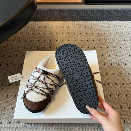 PRADA 26S WOVEN MULES IN IVORY WOOL AND DARK BROWN SUEDE