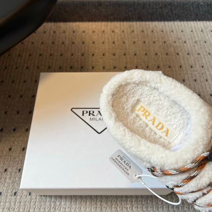 PRADA 26S WOVEN MULES IN IVORY WOOL AND BROWN SUEDE