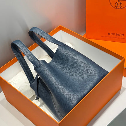 HERMES 25S PICOTIN LOCK 22 IN NAVY BLUE CALFSKIN SILVER HARDWARE