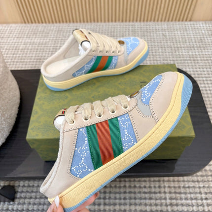 GUCCI 26S BACKLESS SNEAKERS IN BLUE CANVAS AND BEIGE LEATHER