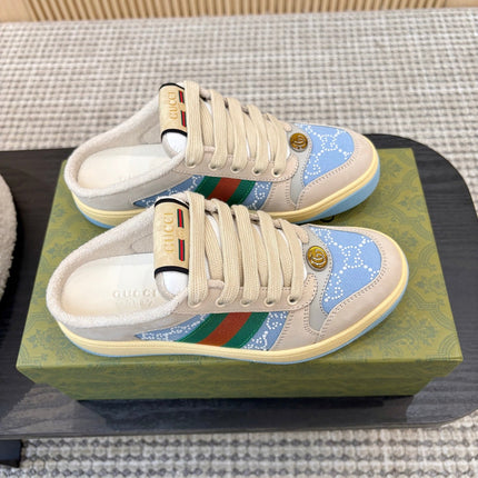 GUCCI 26S BACKLESS SNEAKERS IN BLUE CANVAS AND BEIGE LEATHER