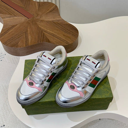 GUCCI 26S MESH SNEAKERS IN SILVER LEATHER
