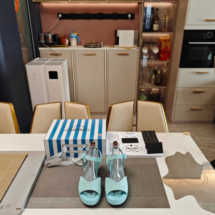 PRADA 26S HEELED SANDALS 65MM IN DUSTY TEAL BLUE SUEDE