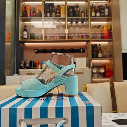 PRADA 26S HEELED SANDALS 65MM IN DUSTY TEAL BLUE SUEDE