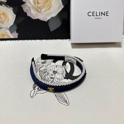 NAVY BLUE DENIM FABRIC HAIRBAND WITH PEARL CHAIN 400483
