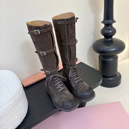 MIUMIU 25S ARMY BOOTS IN DARK BROWN SUEDE