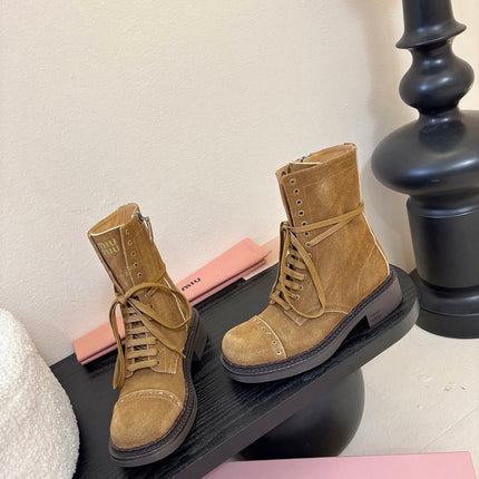 MIUMIU 25S LACED BOOTIES IN CINNAMON BROWN SUEDE
