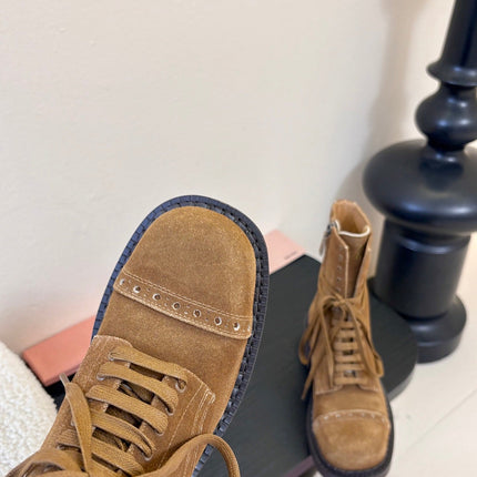 MIUMIU 25S LACED BOOTIES IN CINNAMON BROWN SUEDE