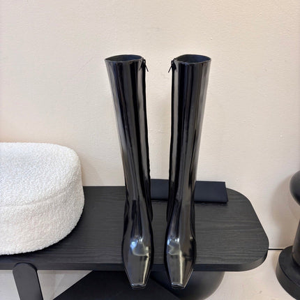 YSL 26S KNEE-HIGH HEELED BOOTS IN BLACK SHINY CALFSKIN
