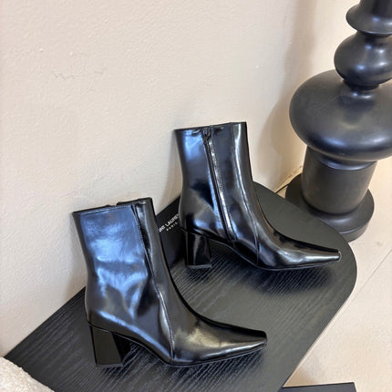 YSL 26S HEELED ANKLE BOOTS IN BLACK SHINY CALFSKIN