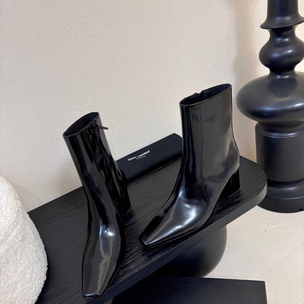 YSL 26S HEELED ANKLE BOOTS IN BLACK SHINY CALFSKIN