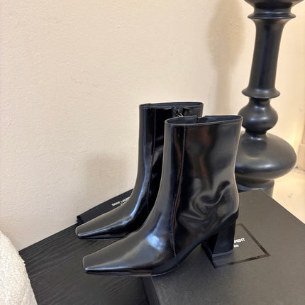 YSL 26S HEELED ANKLE BOOTS IN BLACK SHINY CALFSKIN
