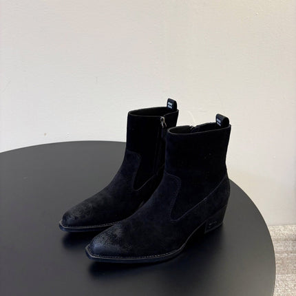 MIUMIU 26S WESTERN ANKLE BOOTS IN BLACK SUEDE